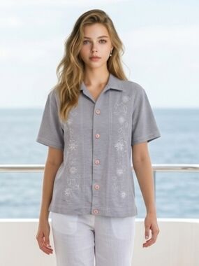 Kenneth Too  Gray Embroidered Collard Button Front Women's Top Size XL Petite